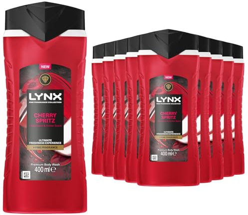 Lynx Fine Fragrance Collection Body Wash for Men Cherry Spritz, Pack of 12, Premium Shower Gel Infused with Essential Oils That Gives You 12 Hours of Freshness, 400 ml