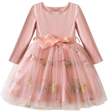 JiAmy Girls Tulle Dress Flower Long Sleeve Party 110, Pink Flower