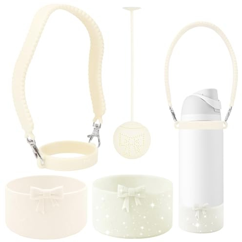 GAISHION Silicone Bow Water Bottles Accessories Set for Owala 32 oz Water Bottles，Including Silicone Water Bottle Handle Strap, Silicone Boots,Silicone Tea Strainer - Beige