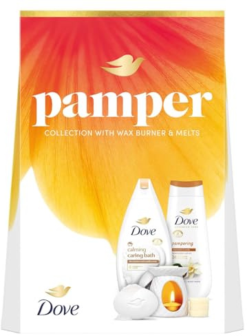 Dove Pamper Collection Gift Set, Body Wash, Bath Soak, Beauty Bar and Wax Burner, Relaxing Shea Butter and Vanilla Scented Skincare Set, Moisturising Self-Care Gift, Nourishing Daily Essentials