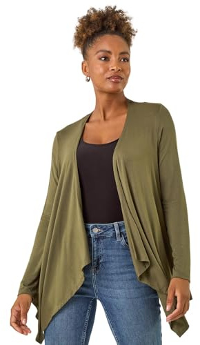 Roman Originals Waterfall Cardigan for Women UK - Ladies Open Front Cardi Smart Casual Edge to Edge Daytime Everyday Summer Autumn Knitted Knitwear Long Sleeve Fashionable - Plain Khaki - Size 18