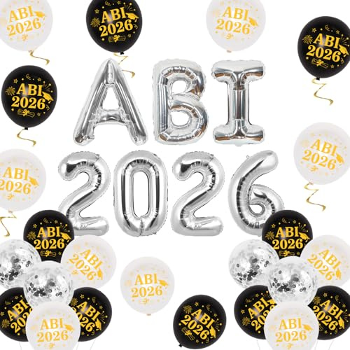 JOYMEMO 2026 Ballon-Dekoration für Abiturfeier, Abiturjahrgang 2026 ABI Schwarz-Silber Abiturballons, ABI Abschlussballons Partyzubehör