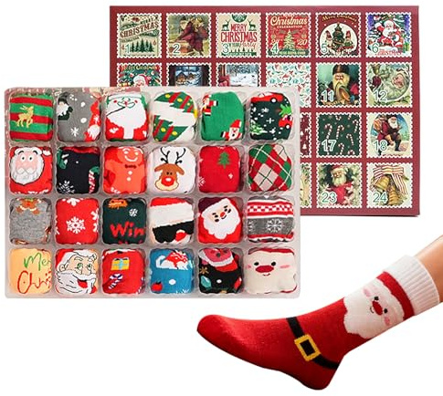 Socken Adventskalender 2025, 12 Paar Socken Adventskalender Für Weihnachten, 24 Tage Advents Countdown Kalender, Weiche Crewsocken, Für Jugendliche Frauen Männer Winter Ferien Indoor