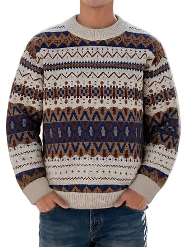 Jersey para hombre de invierno jersey de punto jacquard jersey de lana jacquard sudadera con estampado noruego clásico suéter cuello alto camisa de ocio gruesa gruesa camiseta, O Café., XL