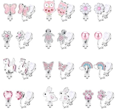 CHUANFU 12 Paar Klipp Ohrringe Kinder Mädchen, Clip Ohrringe Ohne Ohrlöcher aus Niedlich Herz Stern Blumen Schmetterling Regenbogen, Ohrclips Mädchen für Partys zum Täglichen Tragen