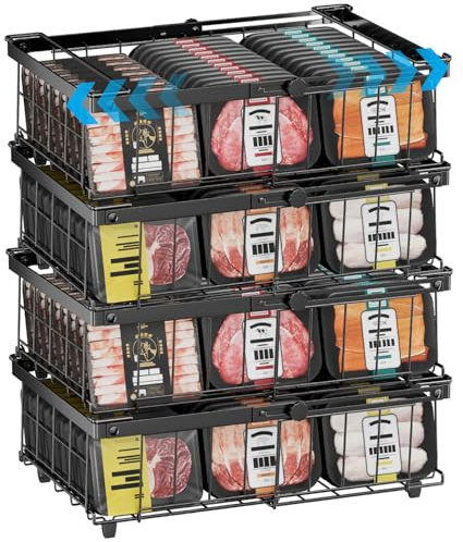 DOUBFIVSY Gefrierkörbe für Gefriertruhe, Erweiterbare Stapelbare Gefrierschrank Organizer für 140L-570L Gefriertruhen, Metall Aufbewahrungskorb Drahtkörbe Schwarz mit Griffen, für Küche Büro (4er)