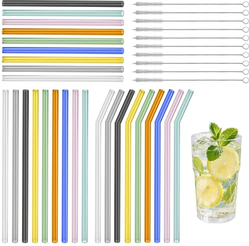 Hevysuo Glasstrohhalme Bunt Wiederverwendbar 37 Stück,9 Gerade Glas Strohhalme und 9 Gebogene Strohhalme Glas 20 cm,9 kurz Glasstrohhalme Farbige 16cm mit 10 Reinigungsbürsten,für Cocktail,Säfte