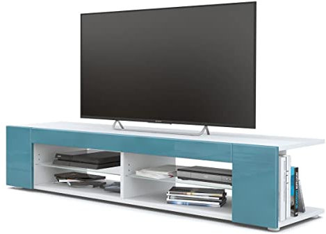 Vladon Lowboard Movie, TV-Kommode mit 4 offenen Fächern und Zierleisten, Weiß matt/Petrol Hochglanz (134 x 29 x 39 cm)