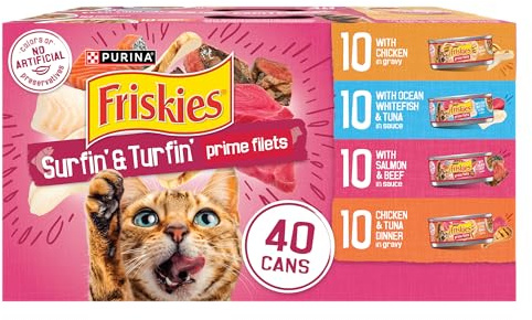 Purina Friskies Gravy Wet Cat Food Variety Pack, Surfin’ and Turfin’ Prime Filets Favorites - (Pack of 40) 5.5 oz. Cans