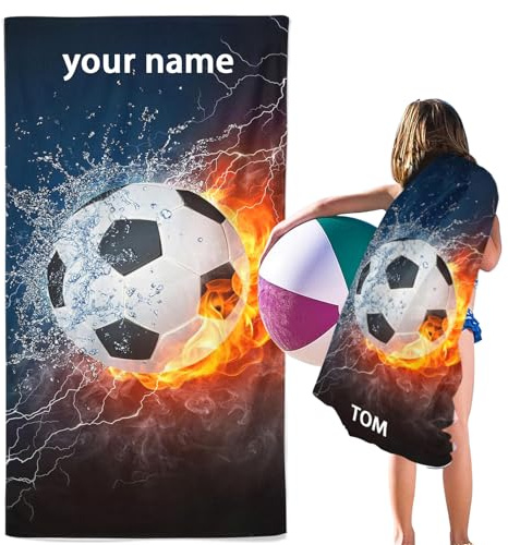 SMchwbc Personalisiert Fußball Strandtuch Mit Namen, Fußball Handtuch mit Namen Badetuch für Jungen, Mikrofaser Strandtuch Groß 90x180cm Badetuch Handtuch Fußball für Strand (100 x 200 cm,1)