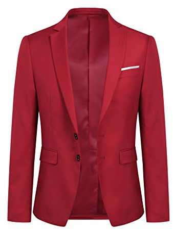 YOUTHUP Mens Blazer Slim Fit 2 Button Formal Casual Suit Jacket Wedding Tuxedo Jackets, Red, S