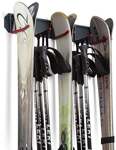 Wealers Porte-skis mural horizontal robuste avec cadre en métal et crochets rembourrés (taille L, peut contenir 3 ensembles de skis)