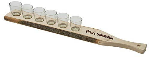 SNEG Schnapslatte rustikal mit Rinde und Gravur inkl. Schnapsgläser | personalisiert mit Text 4er oder 6er Version | Servierlatte (Version 6 Gläser/ca. 50 cm)