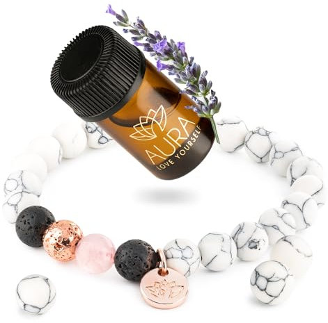 Lavastein-Perlenarmband mit ätherischem Öl - Yoga-Perlen-Armband mit Diffusor für ätherische Öle, ideal gegen Angst, Stress, hilft beim Entspannen - Tolles Geschenk für Frauen (White Howlite Lava)