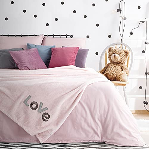 Eurofirany Wohndecke Grau Kuscheldecke Beige Decke Sofadecke Rosa 150x200 Landhaus mit Muster Liebe Herz Tagesdecke Plaid (Love 1)