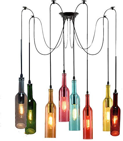 DIY Creative Wine Bottle Industrial Vintage Dining Table Pendant Light Chandelier Bar Glass Shade Height Adjustable Fixture Hanging Lamp Kitchen Living Room Restaurant Cafe Ceiling Light (8 Lights)