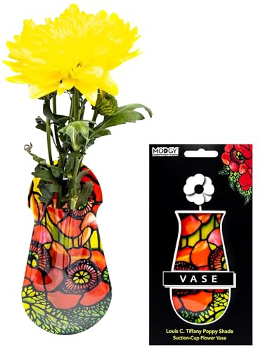 MODGY Expandable Flower Vase Plastic Decorative Modern Vases for Flowers Centerpieces Dining Table Decor Living Room Bathroom Wedding Office, with Suction Cup, Louis C. Tiffany Poppies, 7.5” x 4”