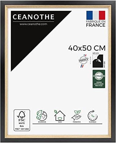 Ceanothe Cadre Photo 40x50 cm Noir et Bois Convient au A3 Baguettes avec finition intérieure de la Collection Actual Verre acrylique Incassable Fabriqué en France
