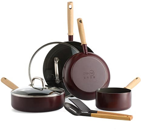 Greenpan Hudson Healthy Ceramic Nonstick, 8 Piece Cookware Pots and Pans Set, Vintage Wood Inspired Handle, PFAS-Free, Dishwasher Safe, Merlot Red