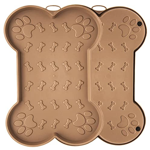 1x 47cm Non-Slip Bone Shape Placement Tray – Dog Bowl Mat for Dry & Wet Food, Waterproof Feeding Mat for Floors with Raised Edges (Stone, Medium)