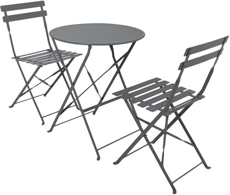 CHARLES BENTLEY Circular Folding Powder Coated Steel Bistro Set For Patio, Garden, Balcony, Decking, Stylish, Outdoor Furniture, Rustproof, 2 Person, Matte Dark Grey, 1 Round Table, 2 Chairs