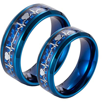 Bishilin Partnerringe Paarepreis Edelstahl, Herzschlag Ringe Blau mit Kohlefaser Damen Gr.54 (17.2) + Herren Gr.62 (19.7) Trauringe Nickelfrei Verlobungsringe Paar Ringe Set