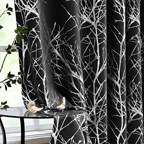 Fmfunctex Black Silver Blackout Curtains for Living Room 90 inch Drop Eyelet Curtains for Bedroom Tree Branch Foil Thermal Insulated Window Curtain Panels 2 Panels