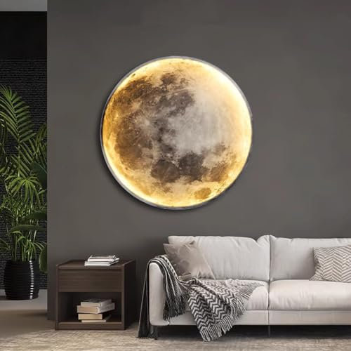 Lámpara de pared LED forma de luna, regulable 80 cm, lámpara de pared para habitación infantil con mando a distancia, con función de memoria y temporizador, 45 W, redonda, luz nocturna para dormitorio