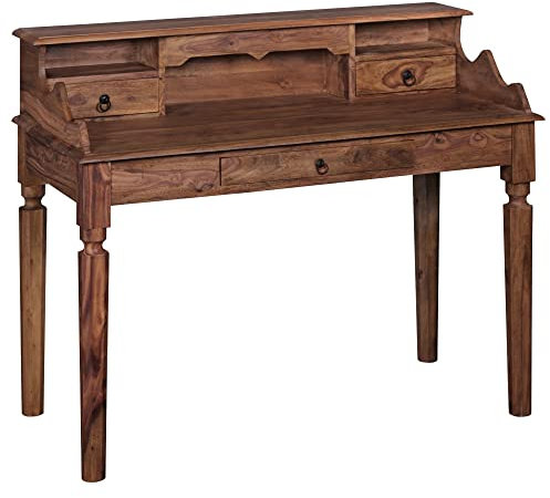 möbelando Schreibtisch Massivholz Sheesham | Sekretär 115 x 100 x 60 cm mit 3 Schubladen | Konsolentisch im Landhaus-Stil