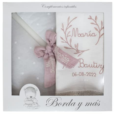 Kit de vela y pañuelo personalizado para bautizo – Pack de vela decorada para Bautizo y Paño bordado con nombre y fecha del Bautismo - Modelo Bambula (Rosa maquillaje)