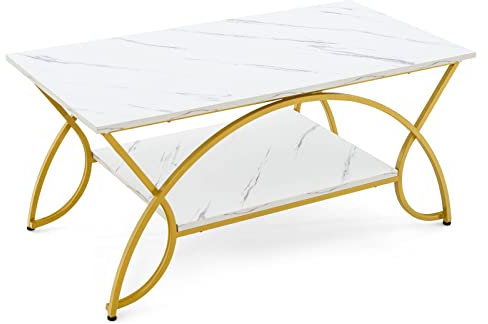 COSTWAY 2-Tier Coffee Table, Marble Effect/Vintage Cocktail Center Table with Storage Shelf, Metal Frame Wooden Accent Sofa Side Tea Table for Living Room, Bedroom and Office (Marble White+Golden)