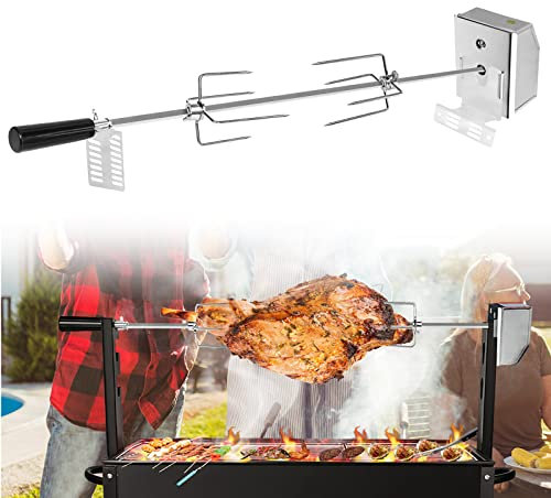 TRMLBE Drehspieß für Gasgrill 107cm Grillspieß Set Grillspieße Edelstahl mit Motor 220V - 240V inkl. 2X Fleischnadeln Fleischklammer für Rotisserie und Gasgrill