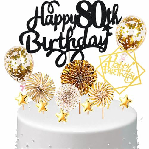 Conruich Tortendeko Happy Birthday Kuchen Topper 80. Geburtstag Frau,Kuchendeko Happy 80th Birthday, Schwarz Cake Topper 80. Geburtstag Konfetti Ballon für Geburtstagstorte Deko 80 Jahre Frauen Männer