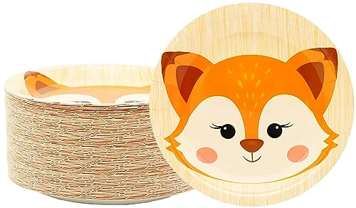 50 Pcs Fox Party Supplies Woodland Animal Fox Paper Plates 7Fox Dessert Plates Disposable Jungle Animal Fox Plates for Fox Theme Jungle Animal Baby Shower Cartoon Fox Birthday Party Decorations(Fox)