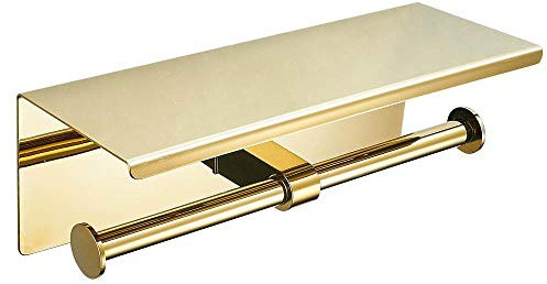 Doppelter Toilettenpapierhalter, Badezimmerpapierhalter mit Ablage, Toilettenpapierrollenhalter aus Edelstahl SUS304, Aufbewahrungsspender, Wandmontage-Bohrpapierständer (golden)