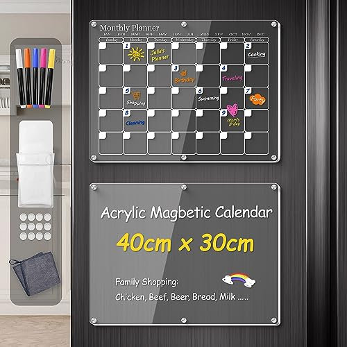 IDEATECH 2 Set Acrylic Fridge Calendar, Weekly Planner, Magnetic Calendar for Meal Planning, Includes 5 Color Markers & Eraser Towel