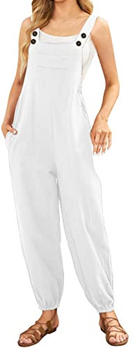 Salopette da donna in cotone e lino, senza maniche, casual, a tinta unita, tute durevoli da lavoro, a gamba larga, pantaloni harem con tasche, bianco, M