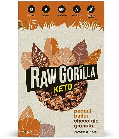 Raw Gorilla Keto Peanut Butter Chocolate Granola 1 Pack of 250g | Low Sugar, Vegan, No Added Sugar, Low Carb 4g Net Carbs, Plant Based Breakfast Cereal with Activated Nuts, Grain & Gluten Free