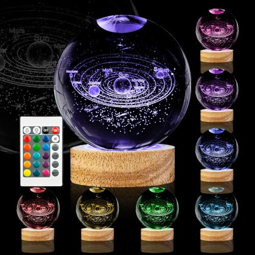Luz nocturna de bola de cristal con sistema solar 3D, 3.15 pulgadas, galaxia, planeta, lámpara de bola de cristal con base de madera de 16 cambios de color y control remoto, regalos espaciales de