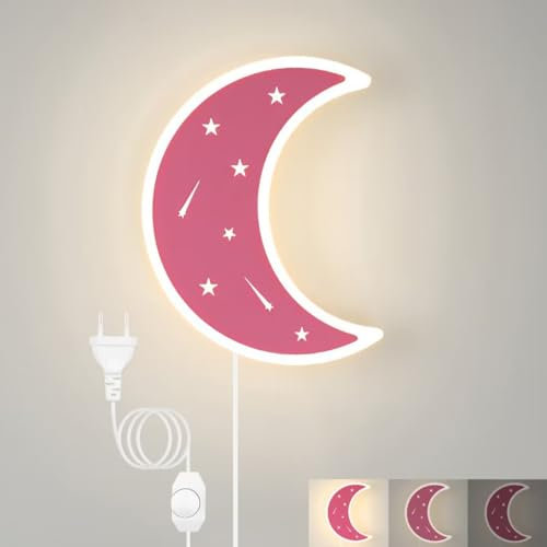 LED Kinderzimmer Wandleuchte mit Stecker Dimmbar Wandlampe Kinder Nachttischlampe Warmweiß Nachtlicht Jungen Mädchen Schlafzimmer Wohnzimmer Mond Wandbeleuchtung