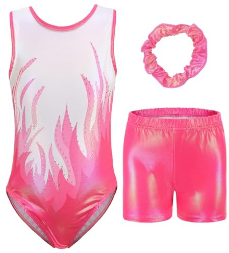 FEOYA Gymnastique Justaucorps Filles sans Manches Ensemble Leotard Body de Gymnastique avec Short et Bandeau Robe de Danse de Ballet Athlétique Tenue A8 7-8 ans