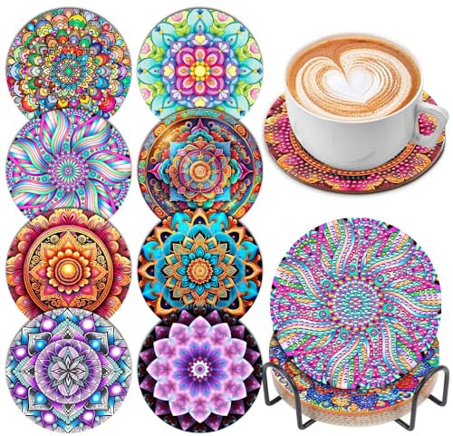 SOEWIOU Lot de 8 dessous de verre avec support - Motif mandala - Pour adultes et enfants - Pour adultes et enfants - Pour débutants, BDBC004A