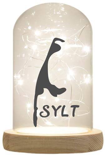 WB Wohn Trends LED-Glaskuppel, Insel Sylt Silhouette, 16,5x11cm, Glasglocke mit Licht und Holz-Fuß, Laterne mit Text Spruch