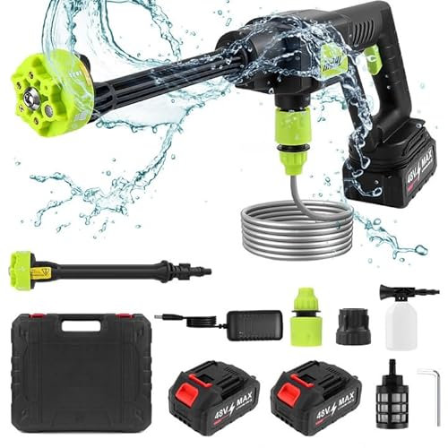 Cordless Pressure Washer Max 60Bar 300W Portable Pressure Washer 6-in-1 2 Battery for Car Fence Floor Cleaning Watering, Black