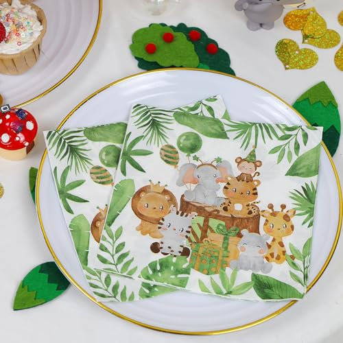 LARDUX 40 Stück Servietten Kindergeburtstag - Servietten Dschungel 33x33 cm Animals Motiv Grün Papierservietten für Jungen Kindergeburtstage Waldtiere Geburtstag Kinderpartys Baby-Taufe Deko