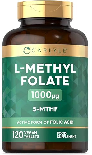 L Methlyfolate 1000ug | 120 Vegan Tablets (4 Months Supply) | Active Form of Folic Acid | 5-MTHF | No Artificial Preservatives | by Carlyle