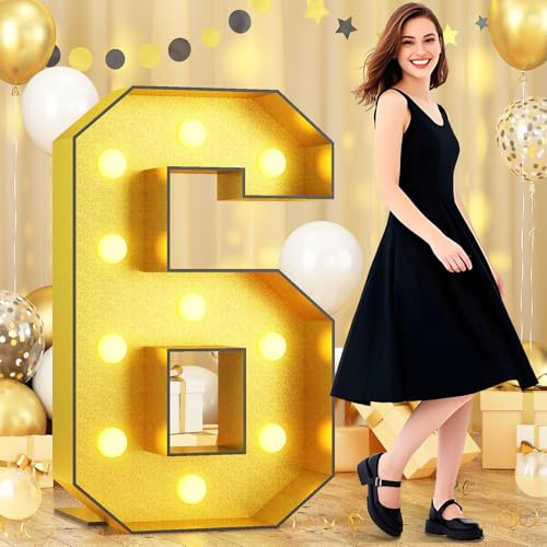Paeyeq Number 6 Marquee, 4FT Light Up Numbers Gold Large Light Up Numbers Mosaic Number for 6th Birthday, Giant 4 Feet Tall DIY Frame Pre-Cut Foam Board Kit for Graduation Anniversary Party