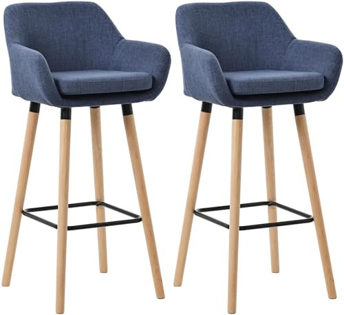CLP Lot De 2 Tabourets De Bar Grant en Tissu I Chaises Hautes Assise Rembourrée Dossier Et Accoudoirs Pieds en Bois Et Repose-Pieds en Métal, Couleur:Bleu foncé