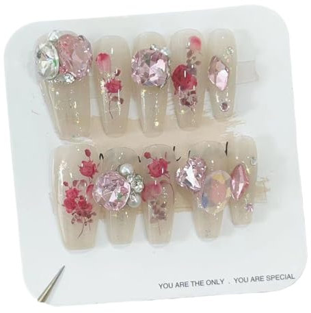 Lot de 24 faux ongles en forme de rose opale Aurora - Fabriqués à la main - Réutilisables avec gel gelé - Pour filles et femmes (taille XS)