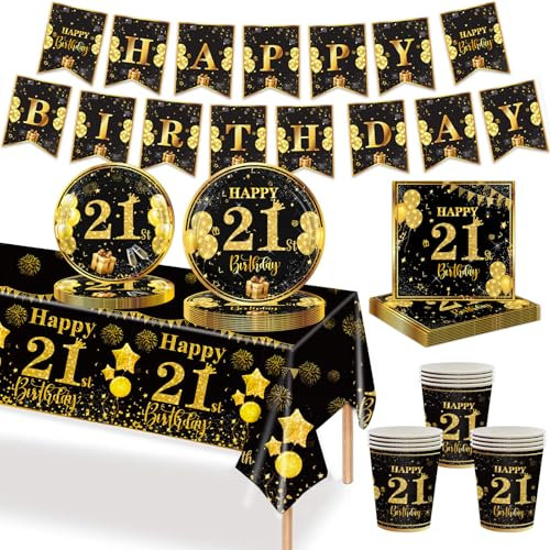 MORAINJAY 70Pcs 21st Birthday Tableware Black Gold, 21st Birthday Paper Plates, Cups, Napkins, Banner, 21 st Table Decoration Set for Men Women Party Supplies(16 Guests)